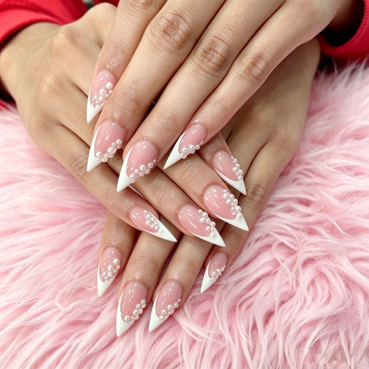 Pearl embellished French stiletto nails