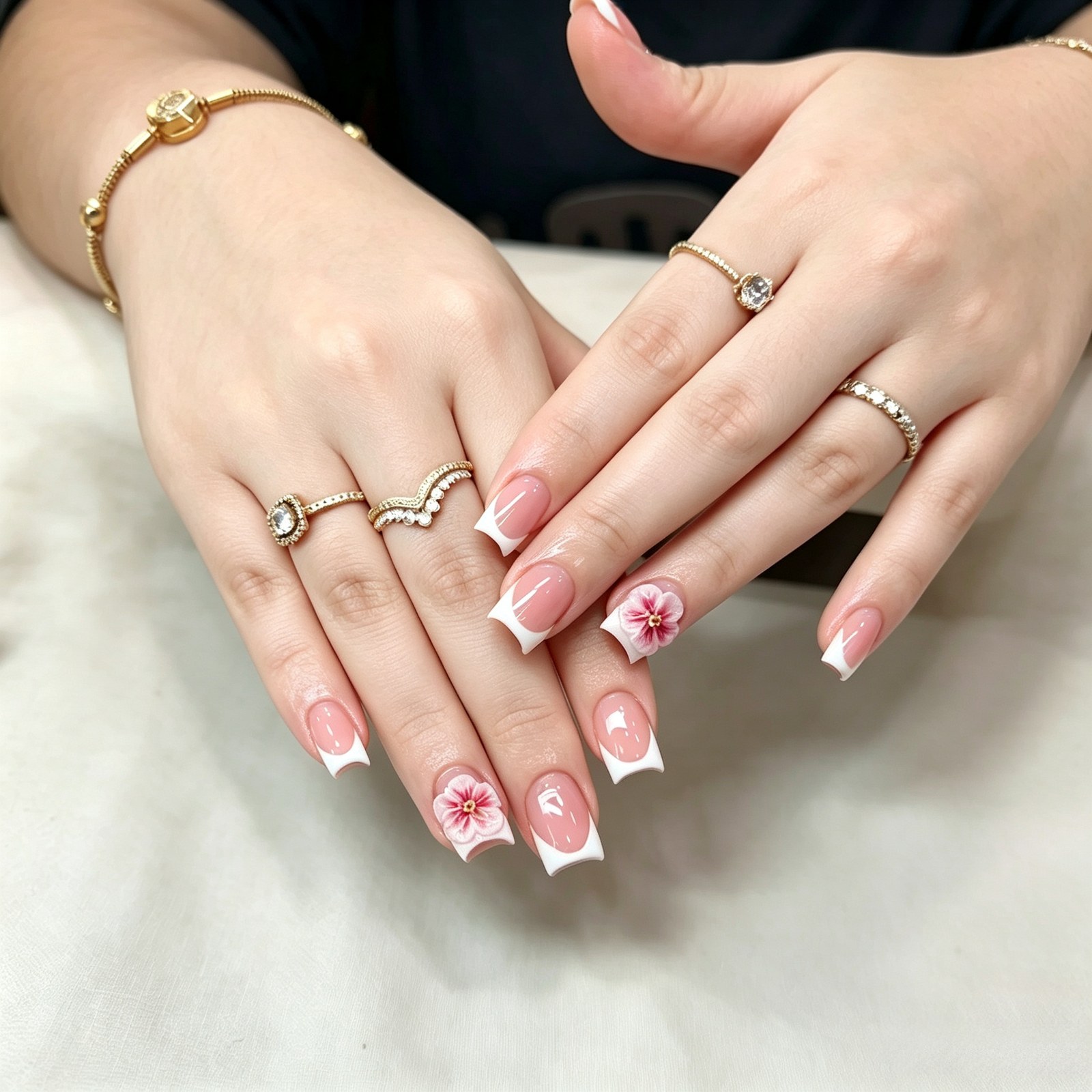 Hand painted floral French manicure